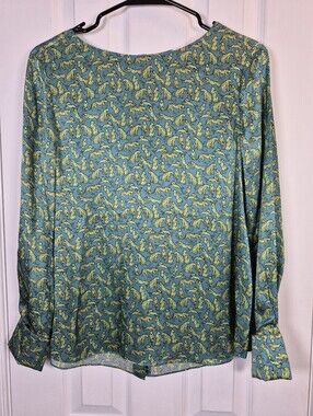 CARESTE 100% Silk Teal Cheetah Print Boat Neck Blouse Top M Designer Luxury